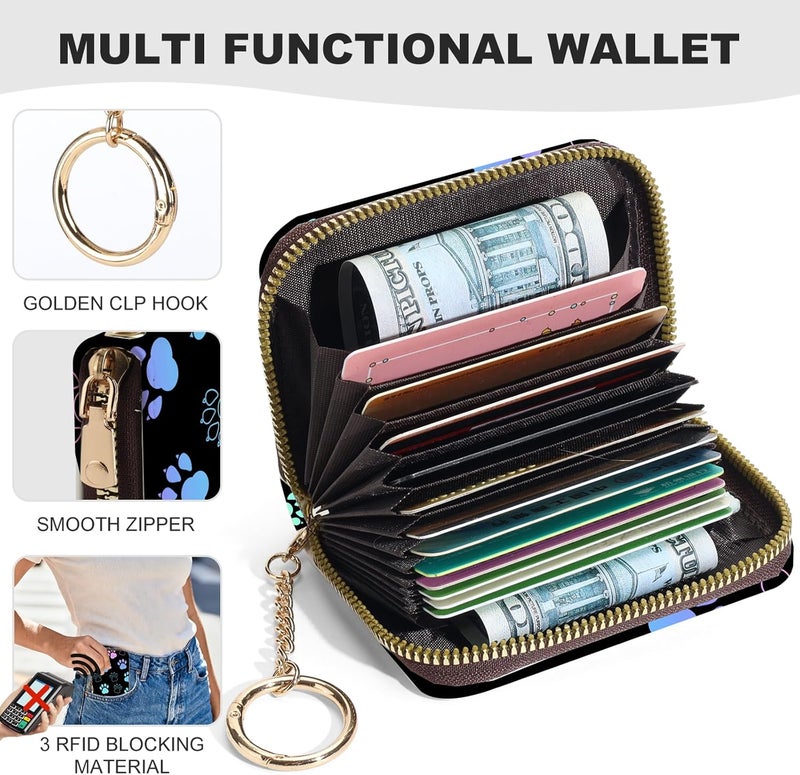 Luoycxy Credit Card Holder for Women,Small Rfid Wallet with Keychain Zipper,Cute PU Leather Card Case Wallet，Accordion Credit Card Wallets Gift,Colorful Paw Prints - Image 2